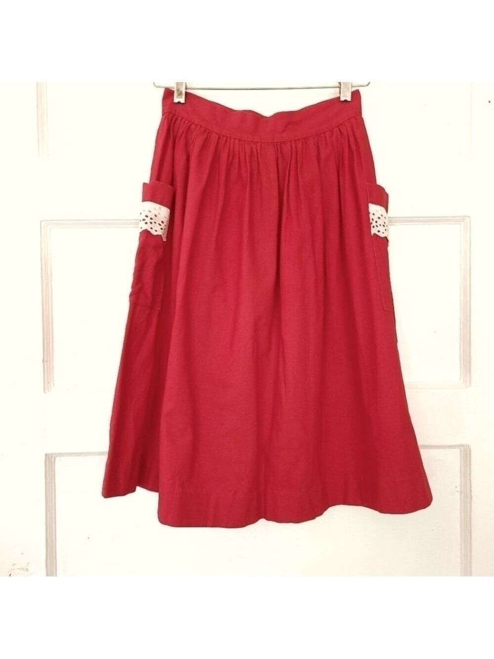 Vintage 50s Pleat Waist Lace Pocket Trim A Line Red Skirt